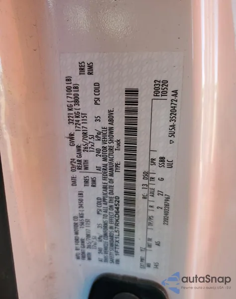 2024 Ford F150 Xl z USA, uszkodzony, nr VIN 1FTFX1L57RKD64520